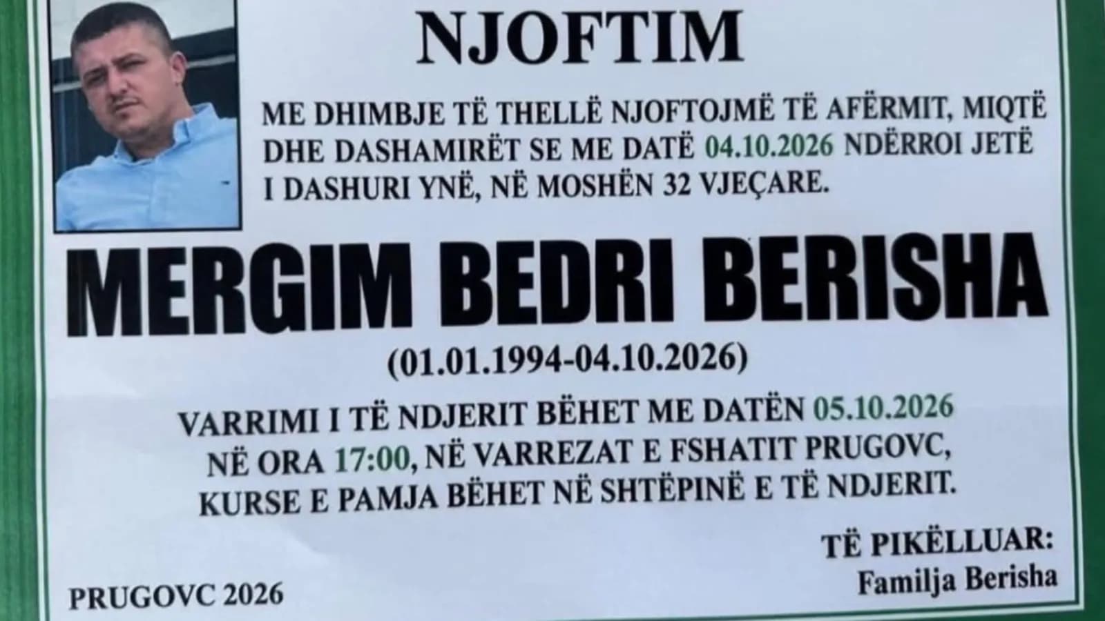 Këmbësori që vdiq pasi u godit nga vetura në Prugovc, varroset nesër