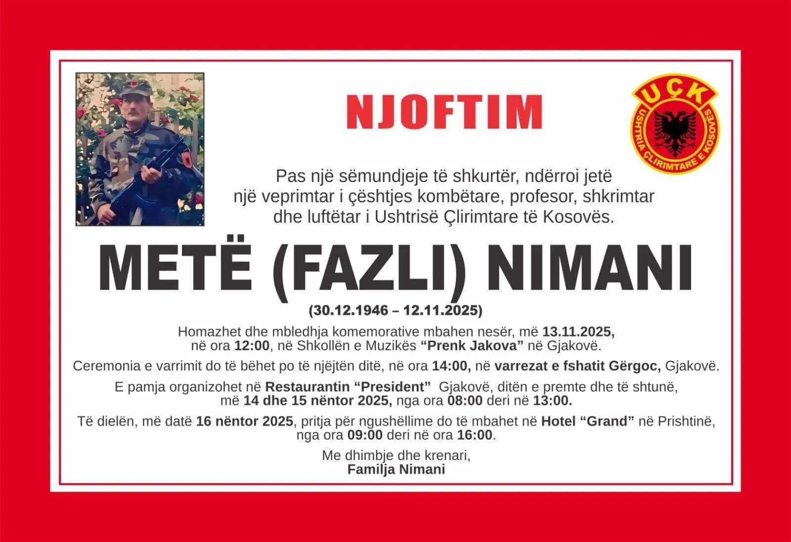 Vdes veterani i UÇK-së, Metë Fazli Nimani