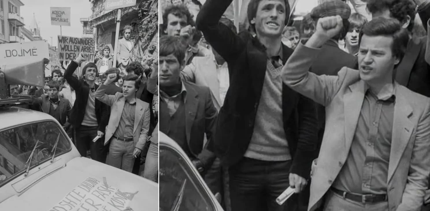 Fotografi e rrallë e Bardhosh Gërvallës në demonstratën e vitit 1981 në Zvicër