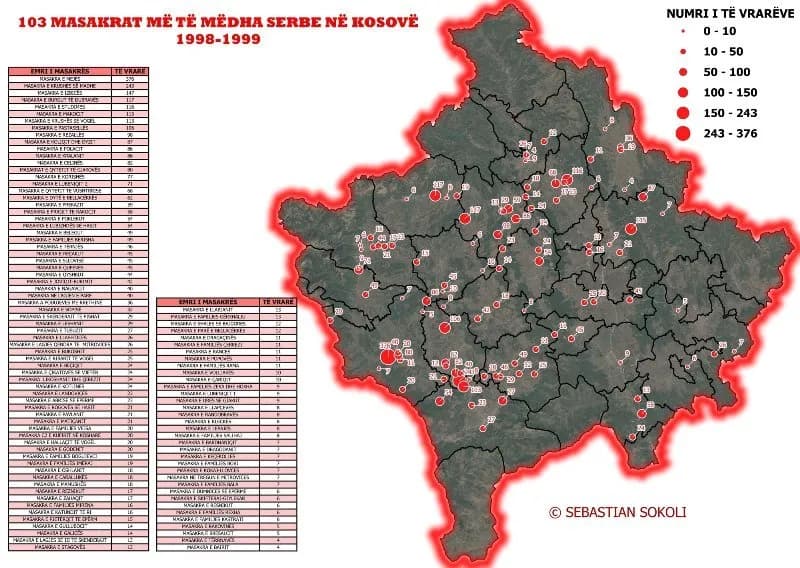 Kjo është harta e Kosovës ku shënjohen 103 masakrat e viteve 1998-1999